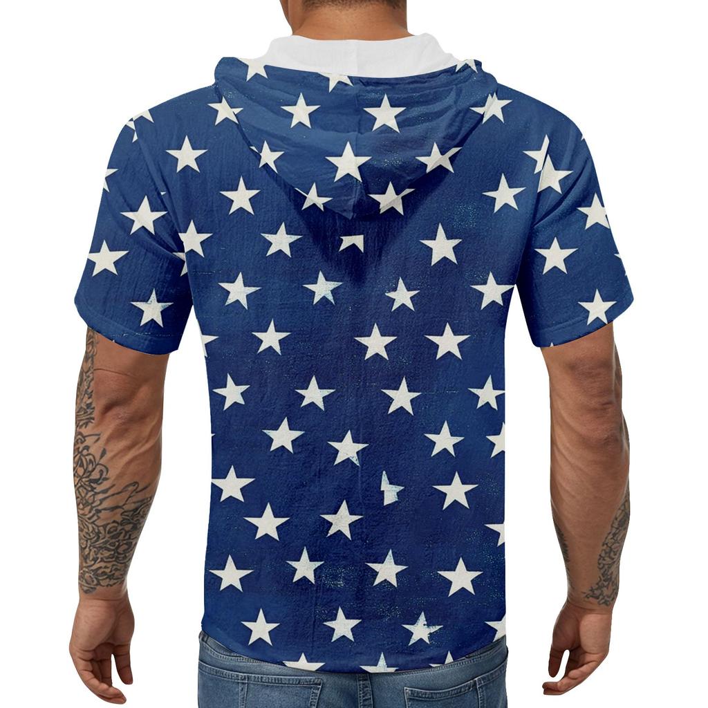 Pánské ležérní tričko s krátkým rukávem a kapucí, s rozhalenkou na knoflíky