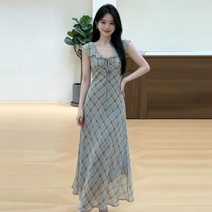 French niche retro plaid contrasting chiffon dress women s summer new beautiful and beautiful Xiaofei sleeve long dress S