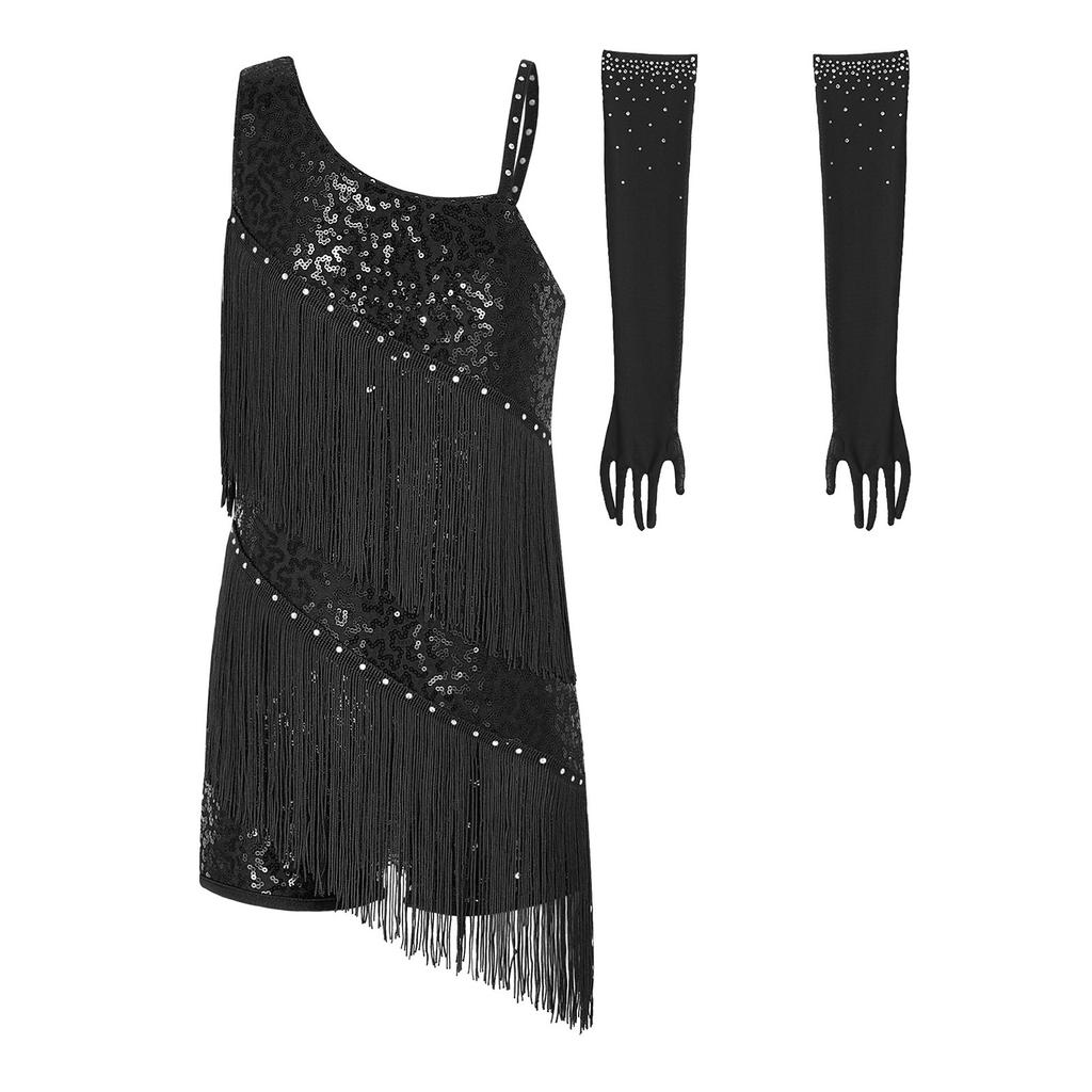 Children‘s Sparkly Rhinestone Latin Outfit Sleeveless Asymmetric Neck Sequin Tassel Bodysuit and Mesh Gloves for Stage Performance