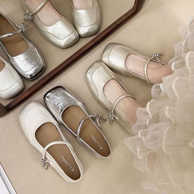 Beautiful Flat-bottomed French Silver Light-mouth Single Shoes Women's New Summer Skirt Mary Jane Small Leather Shoes Evening Shoes