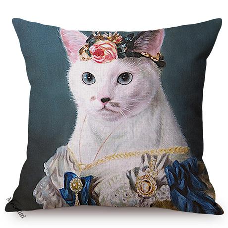 Cat Funky Animal Portrait Europe Renaissance Oil Painting Posters Style Decorative Throw Pillow Cases Linen Sofa Cushion Cover