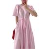 Korean chic summer sweet temperament round neck lace-up waist thin solid color splicing pleated short-sleeved dress women