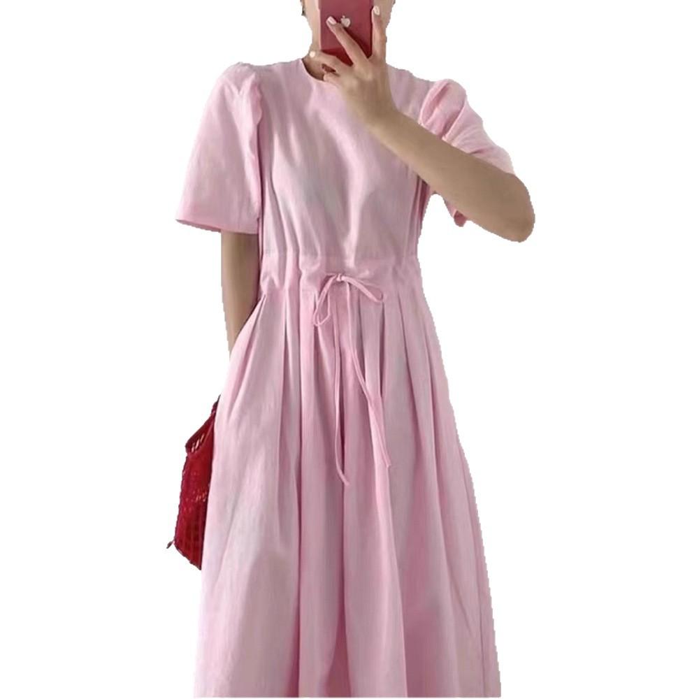 Korean chic summer sweet temperament round neck lace-up waist thin solid color splicing pleated short-sleeved dress women