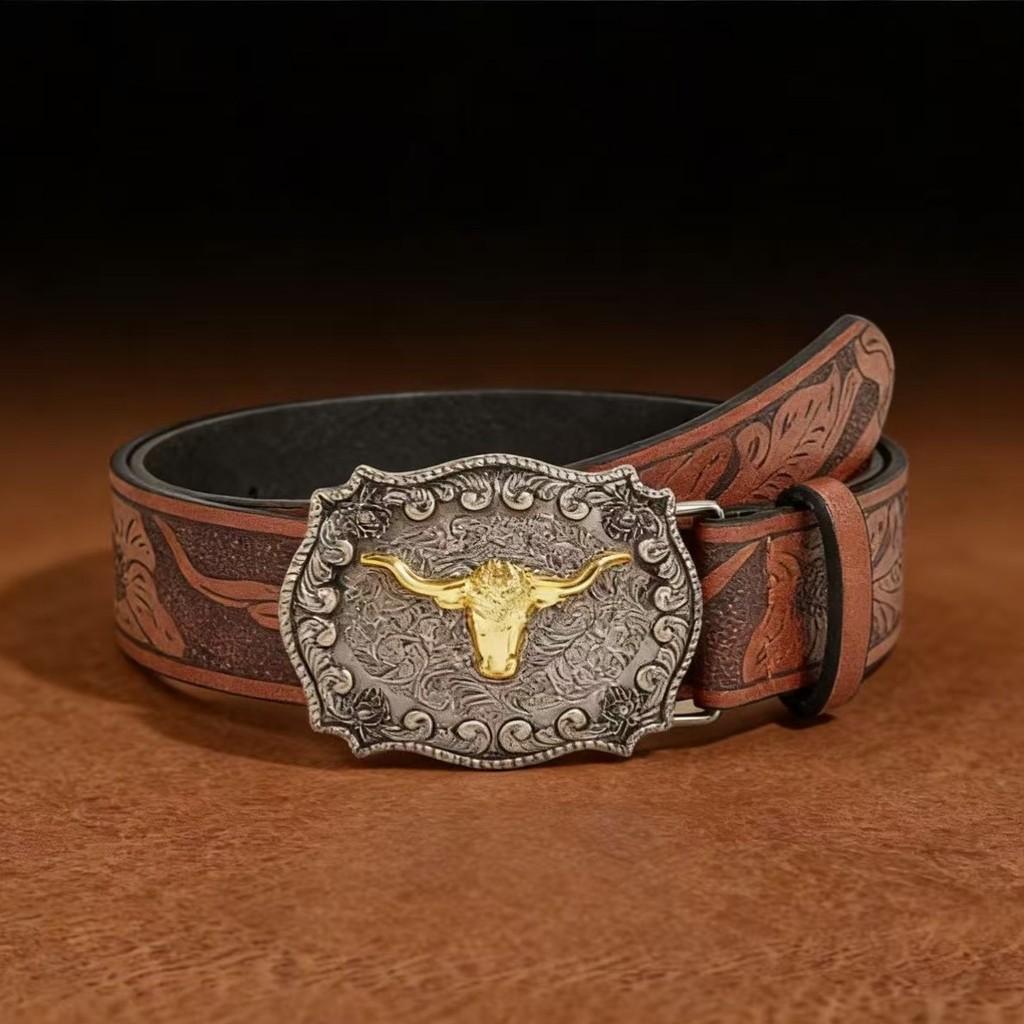 Western Cowboy Style Pu Belt With Cow Head Buckle For Casual Fashion Accessories