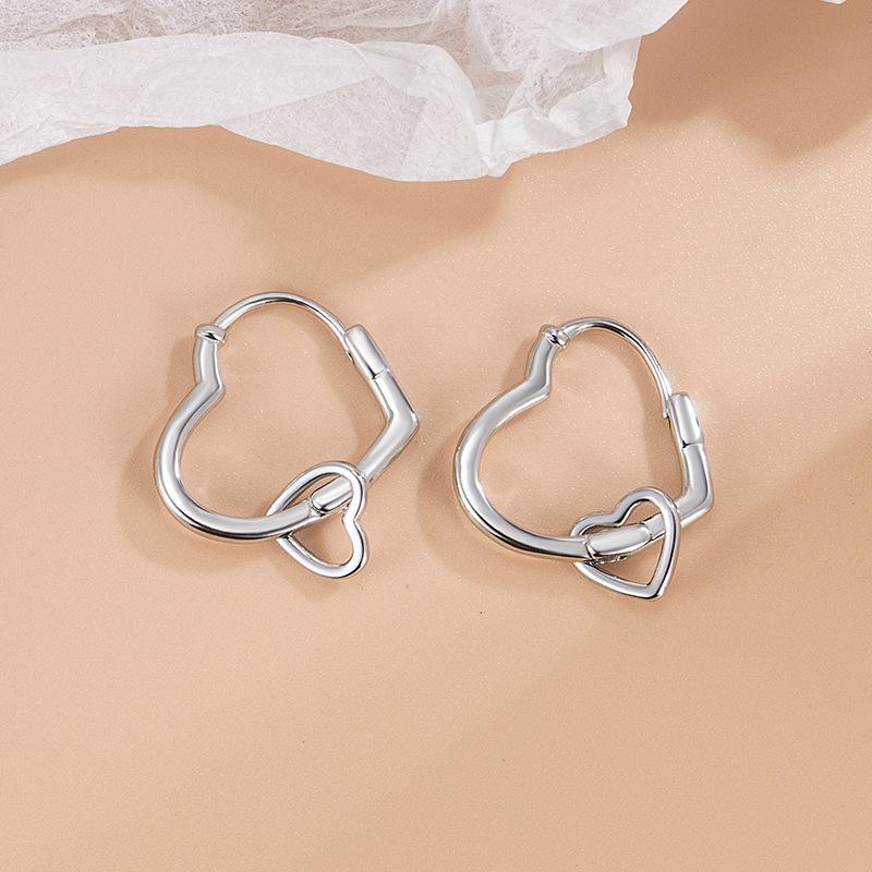 Silver Color Double Heart Hoop Earrings for Women Korean Y2K Style Simple Ear Bukle Jewelrys Accessory Gifts