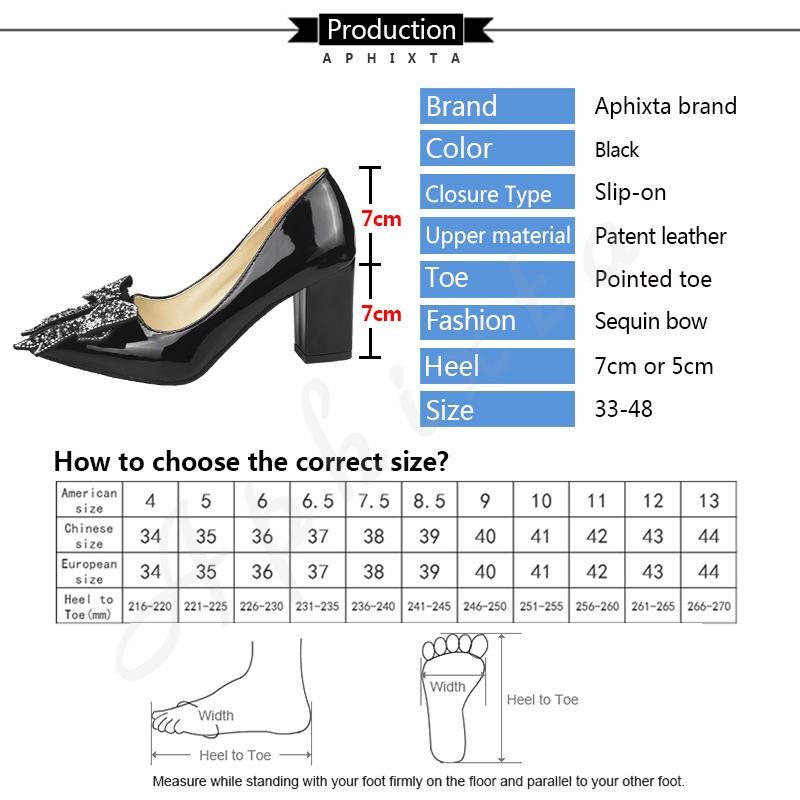 Fashion Aphixta Elegant Square Heels Patent Leather Official Pumps Women Bling Sequins Butterfly-knot Pointed Toe Dress Shoes Woman