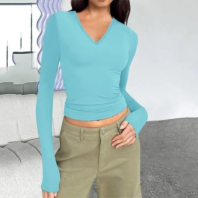 2023 moda szczupła prosta koszulka z długim rękawem Casual jesienno-zimowa dekolt w serek podstawowa koszulka topy kobiety kobiety seksowna krótka koszulka 30427