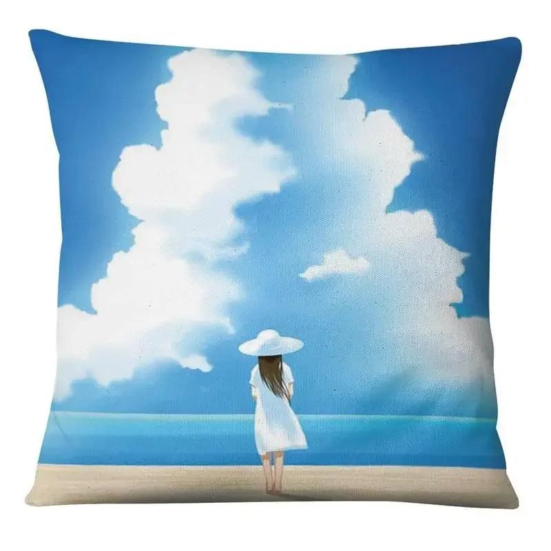 Japanese Style Cartoon Painting Pillowcase Little Girl Sky Print Pillowcase Bedroom Home Decoration Sofa Cushion Cover