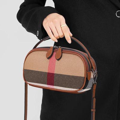 Aidrani Checkered Women's Single Shoulder Crossbody Bag, Made of Canvas Cowhide Material, Round, Brown