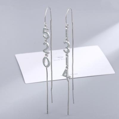 Pendientes de Números de Cristal de Plata de Ley 925 Para Mujer Pendiente Largo de Borla Colgante Coreano Joyería Elegante para Fiesta de Niñas Regalo de Boda