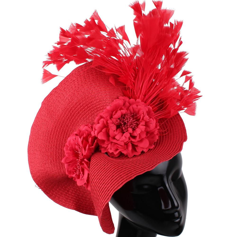 

Yellow Flowers European And American Style Imitation Straw Weaving Celebrity Temperament Horse Racing Festival Hat Fabric Headband красный