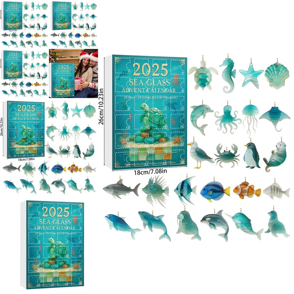 Marine Life Advent Calendar With 24 Acrylic Animal Ornaments For Christmas Home Decor