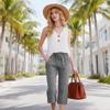 Women's Fashion Tartan Print Elastic Waistband Pocket Loose Casual Seven-Eighths   7/10  PantS