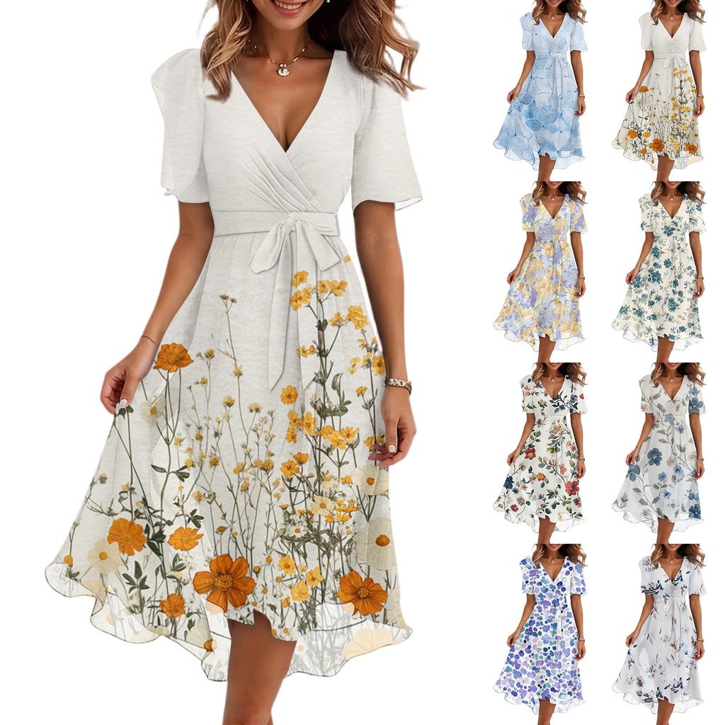 Women's Fashion Casual V Neck Short Sleeve Ruffled Vintage Printed Dresses