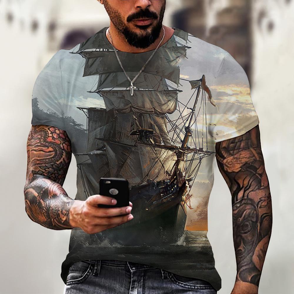 Vintage T-Shirts Men Spring Clothing Boat Graphic Apparel Streetwear Men's Clothing Casual Short Sleeve Tops For Male Shirt Tees