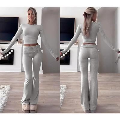 Lässiges Workout, zweiteilige Outfits, langärmelig, hohe Taille, umklappbar, ausgestellt, Leggings, Hosen, Trainingsanzug-Sets, Streetwear
