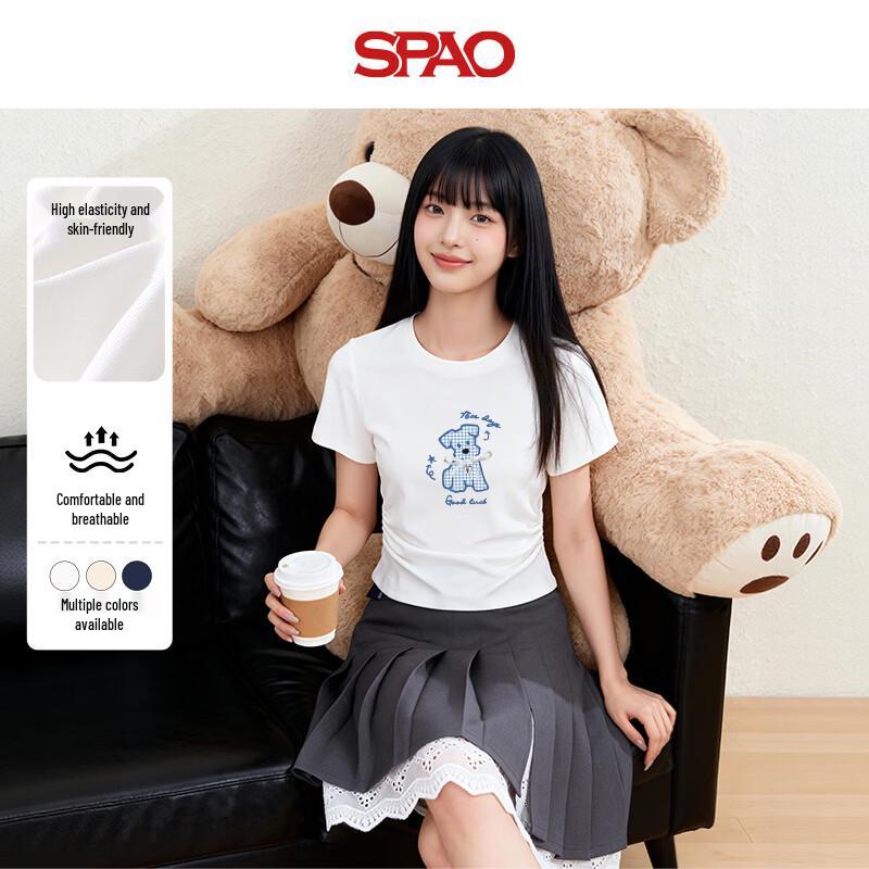 SPAO Women s Slim Fit Shirred Round Neck Short Sleeve T-Shirt XL