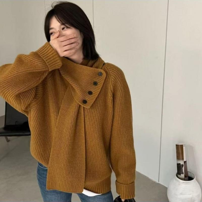2024 Women's Korean Style Long Sleeve Scarf Collar Knit Sweater