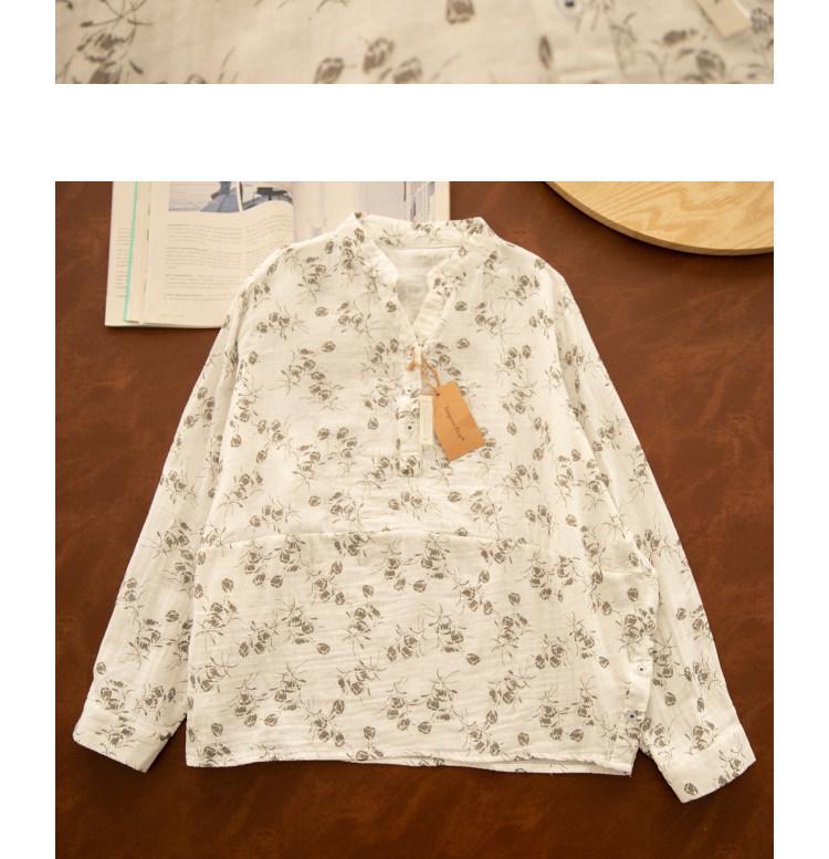Chemise en Coton et Lin à Manches Longues et Décolleté en V Florale Gorge d'Hiver – Style Printanier Élégant pour Femme