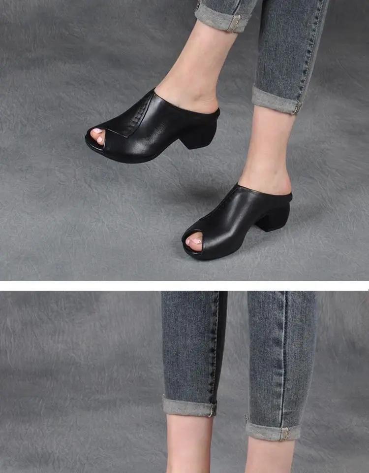 Thick-heeled Soft Leather Outer Slippers Fish Mouth Comfortable Versatile Mid-heeled Women Sandals Women's Mother's Shoes Women