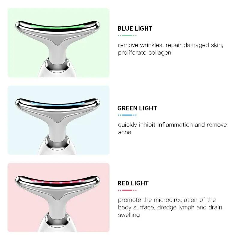 3-Color LED Skin Rejuvenation Device - Facial & Neck Massager Beauty Machine Acne Brightening Firming Massager