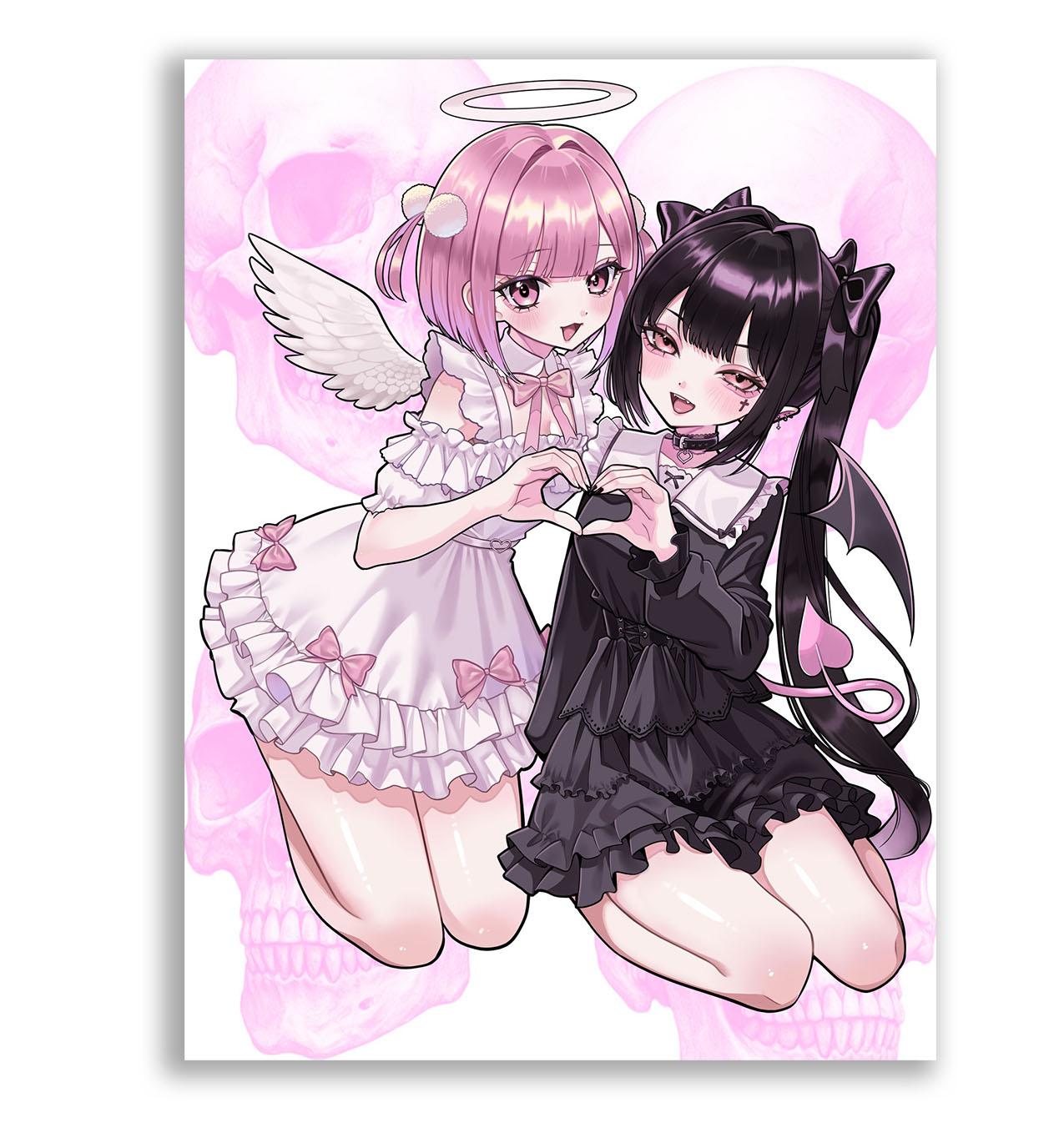 

Kawaii Angel Devil Anime Tapestry Pink Skull Background Flat Print Wall Hanging Cute Anime Decor for Bedroom Dorm Ideal 74x94cm(29x37in)