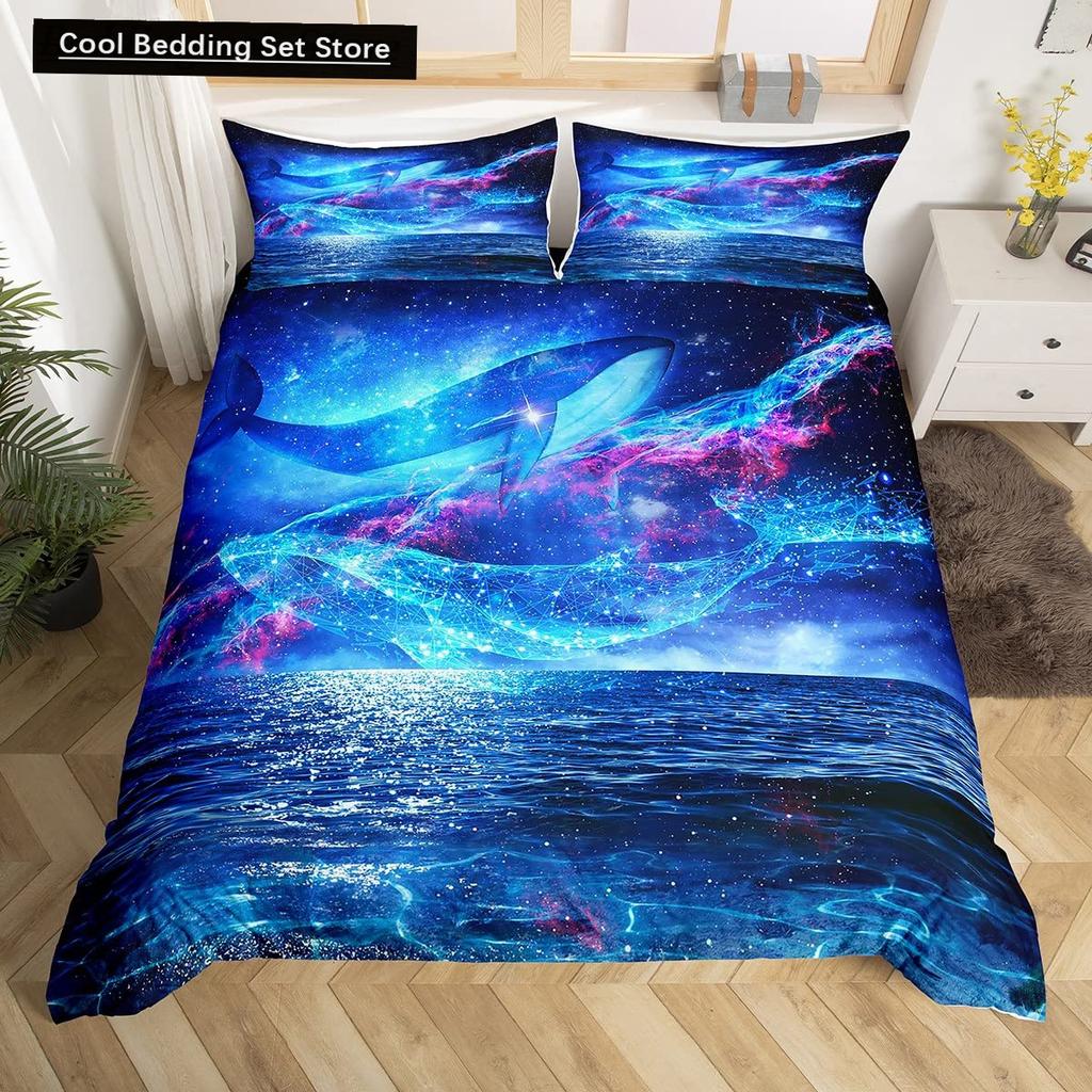 Whales King Queen Duvet Cover Ocean Animal Bedding Set Seaweed Starfish Marine Life Quilt Cover Blue Polyester Comforter Cover