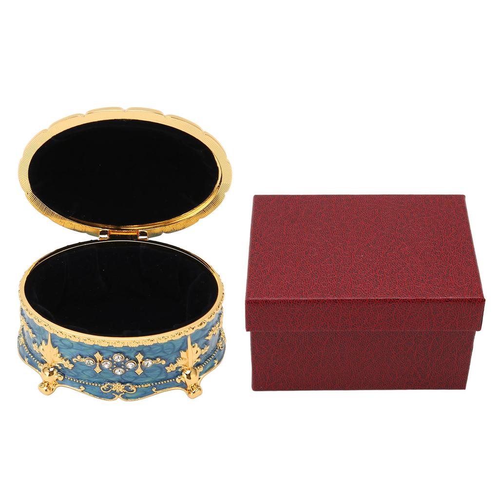 Oval Rhinestone Jewelry Box Ring Retro Engraved Earrings Necklace Storage Organizer Box Gold Edge Royalblue