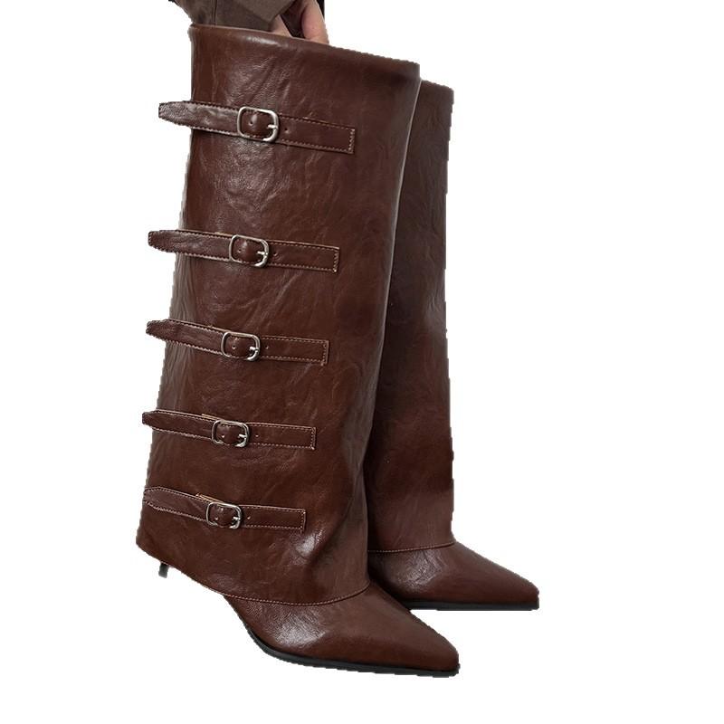 Thin heel pant boots belt buckle boots autumn and winter pointed head height fashion cowboy boots retro spice knight boots