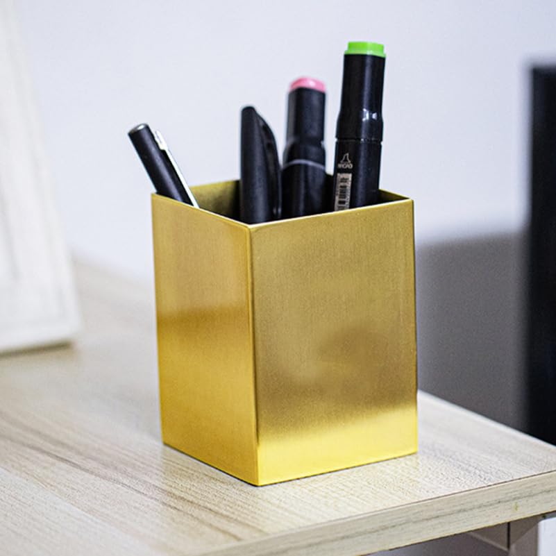 Stylish Gold Stainless Steel Pen Square Tool Pencil Desktop Storage Perfect for Storing Makeup Art Flower Toothbrush Trash and Perfect for Organizing