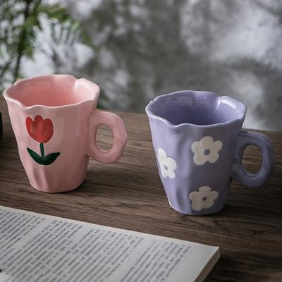 1pc Porcelain Coffee Mug Irregular Vintage Flower Ceramic Water Cup Tea Cup With Handle Easy To Grip For Summer And Winter Drink