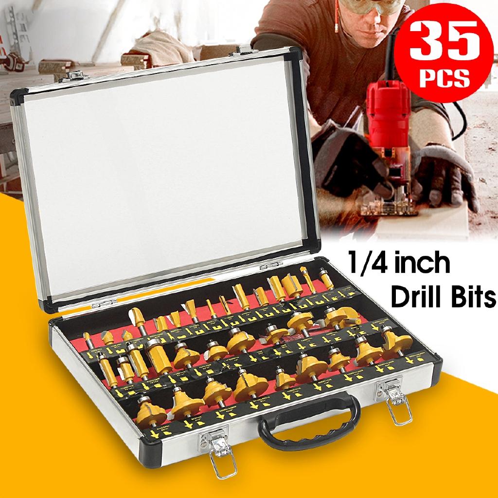 35PCS 1/4 Inch Wood Milling Cutter Shank Router Bit Set Trimming Machine Tool for Electric Trimmer Wood Work Cutting Kit
