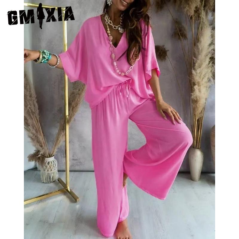 

GMXIA Women s V-Neck Bat Sleeve Casual Loose Wide Leg Pants Set XXXL розовый