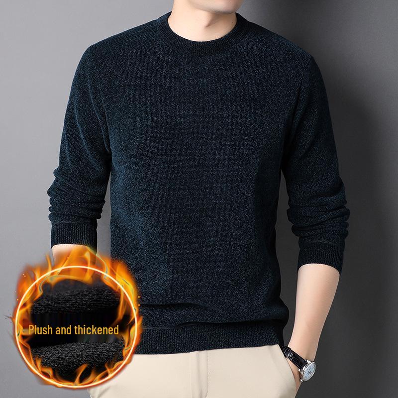 Men s Chenille Sweater: Autumn Round Neck, Solid Color, Warm Knit Base Layer 2XL
