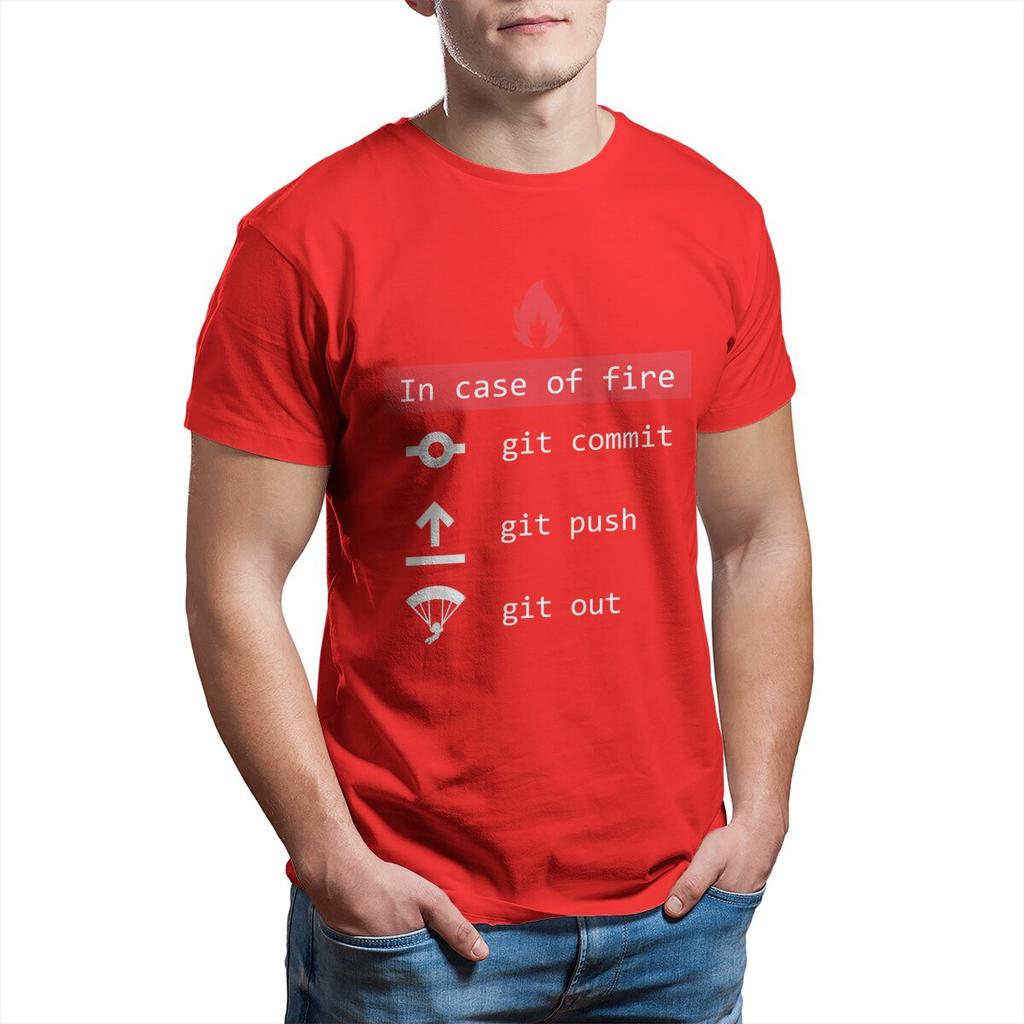 In Case Of Fire Git Commit Push Funny Coder Programmer Devops Network Sysadmin Geek T-Shirt for Men 100% Cotton Printed Clothing