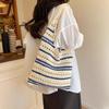 Chic Blue & White Striped Knit Crochet Shoulder Bag Versatile Large Capacity Hollow Out Casual Tote for Women Summer Beach Vacations AVE