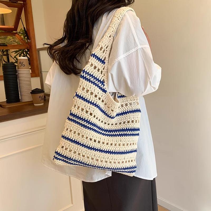 Chic Blue & White Striped Knit Crochet Shoulder Bag Versatile Large Capacity Hollow Out Casual Tote for Women Summer Beach Vacations AVE