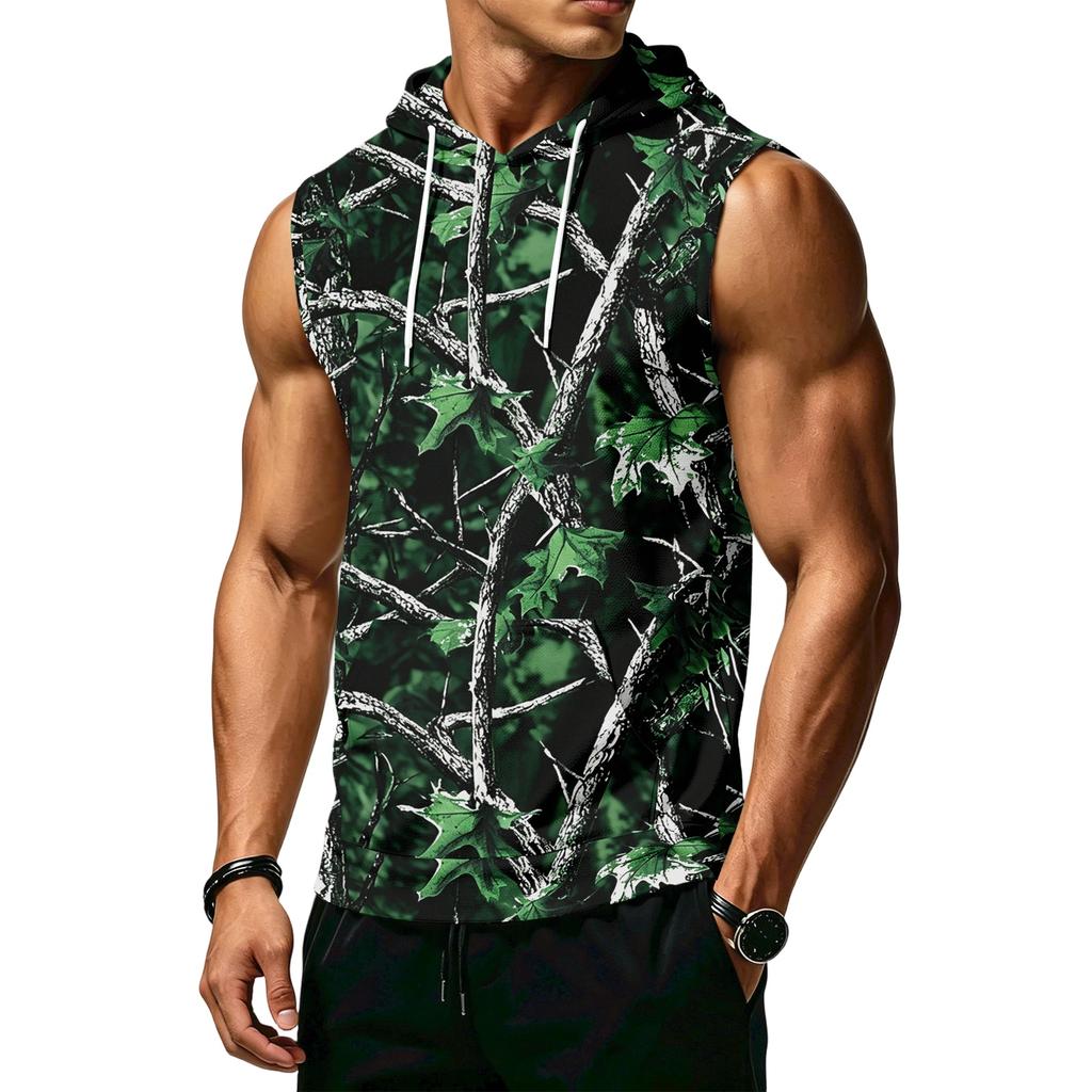 Men's Print Sleeveless Hoodie with Pockets and Drawstring - Casual Tank Top Vest for Outdoor Sports
