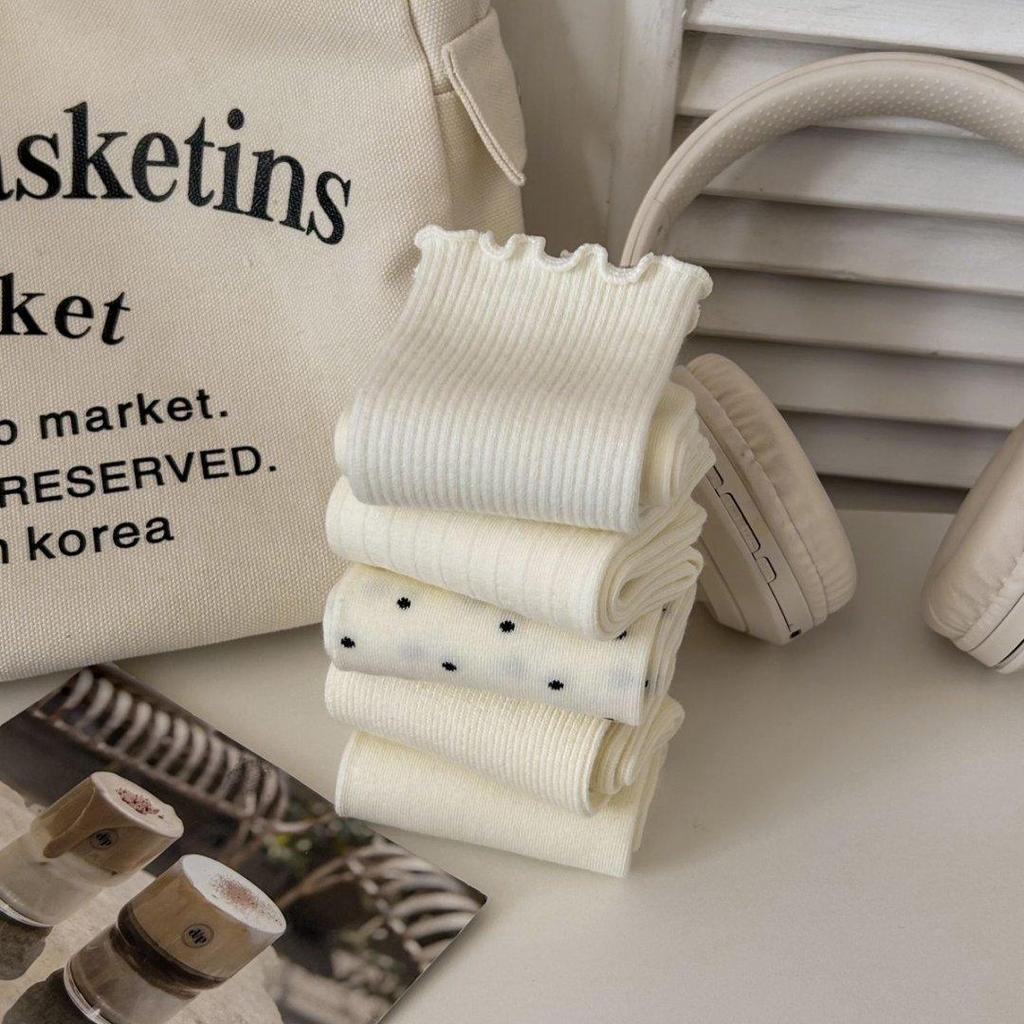 Ruffled Polka Dot Women's Crew Socks – Ins Trendy Japanese Ballet Sweet Style, Spring/Summer Solid Color