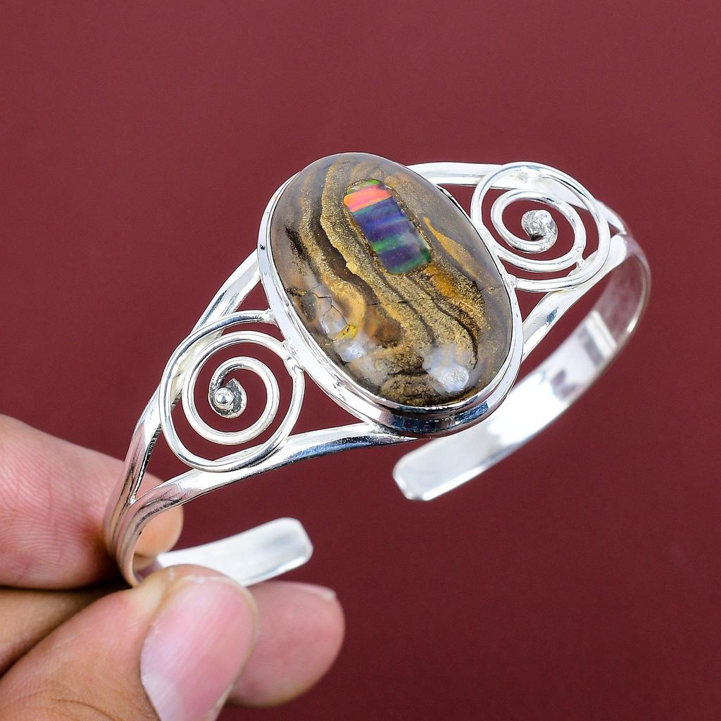 Ethopian Opal In Boulder Opal Bangle Gemstone Jewelry 925 Sterling Silver Cuff Bracelet Adjustable Bangle Handmade Bracelet Gifts for Mother