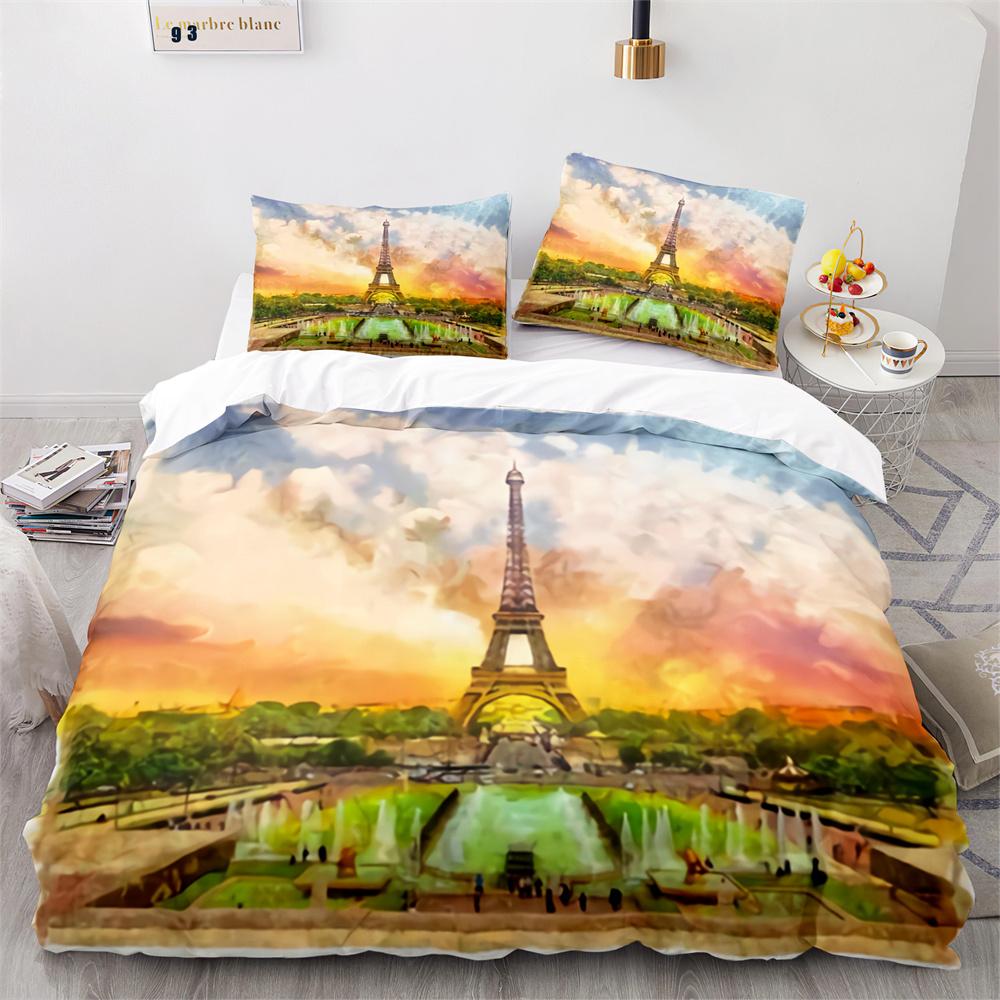 Paris Eiffel Tower Themed Couple Duvet Cover Set Cityscape Comforter Cover Romantic Polyester Bedspread Cover Pink Floral King