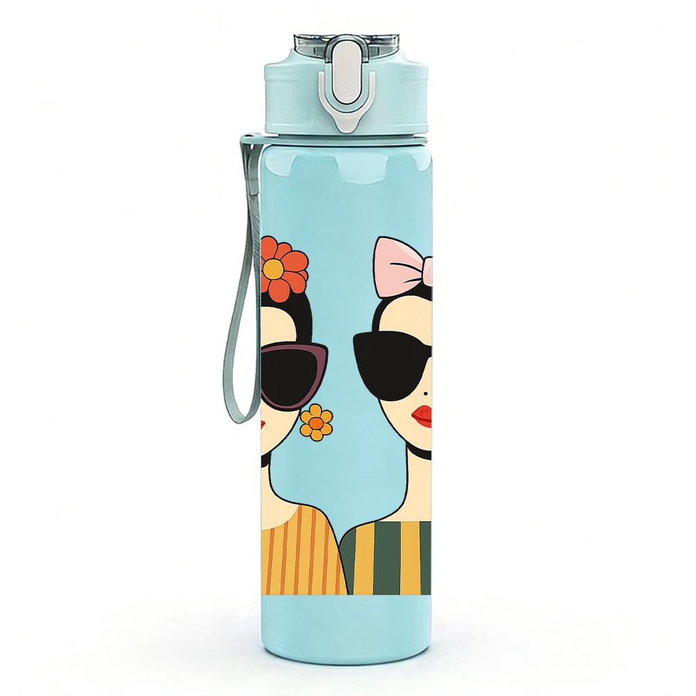 1PC Two Fashion Lady Portrait 750ml Color Plastic Sports Water Bottle Leakproof Flip Straw Lid For Sports Office Home Use