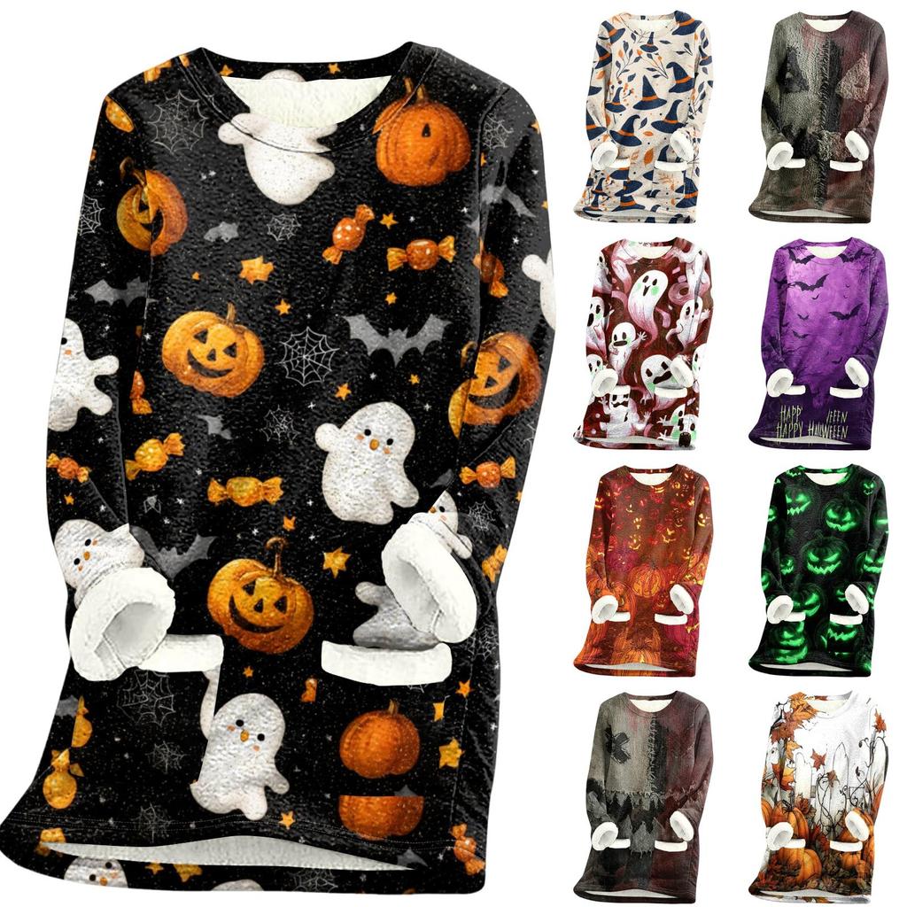 Womens Long Sleeve Fleece Lined Pullover Dress Halloween Pumpkin Print Thick Sherpa Sweatshirt Tunic for Fall Winter