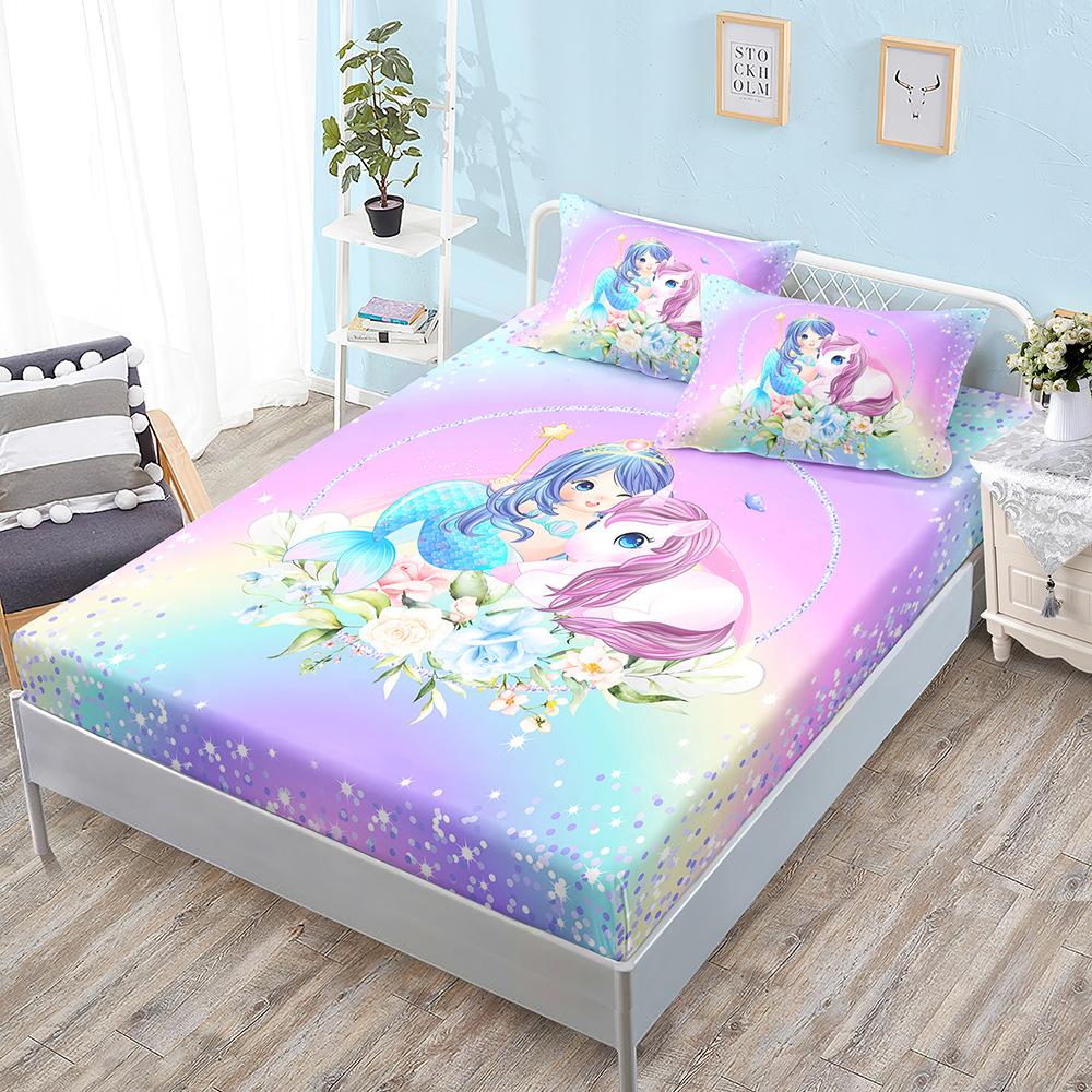 Cute Unicorn Mattress Three-Piece Set, Bedspread, Pillowcase, Mattress Protective Cover, Dust-Proof And Non-Slip.