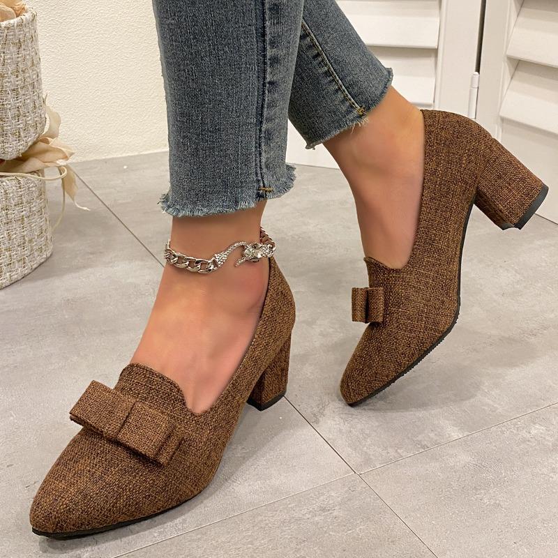 Fashion Bow Chunky Women Official Shoes Elegant Pointed Toe High Heels Pumps 2025 Fad Trend Spring Dress Designer Zapatillas De Mujer