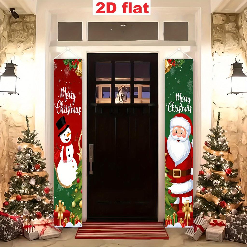 Merry Christmas Door Banner Couple Snowman Santa 1 Pair Polyester 30x180cm Indoor Outdoor Decor