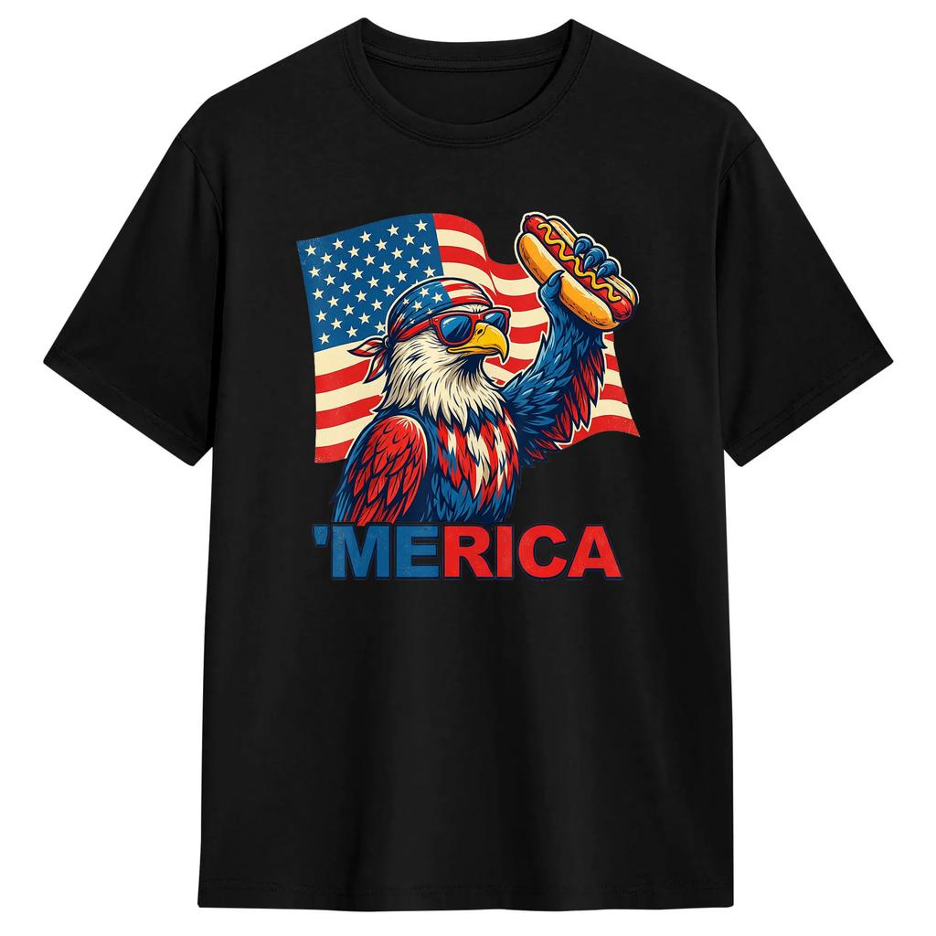4th of July Funny Eagle Hotdog USA Flag Cotton T Shirt For Unisex Summer Classic T Shirts Leisure Tees Oversized Cheap Tops