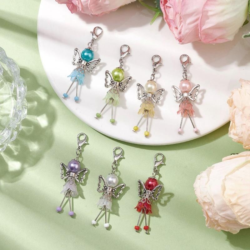 7pcs Elegant Angel Wing Charm Set Featuring Floral Factors and Faux Pearls for DIY Crafts and Accessories