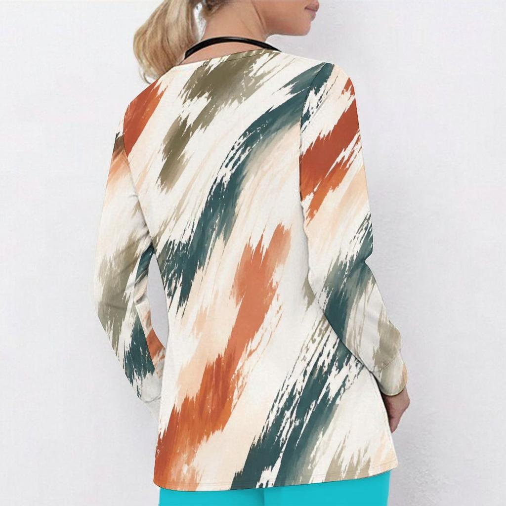 Women Plus Size Blue Marble Printed Nurse Scrub Top V Neck Long Sleeve With Pockets