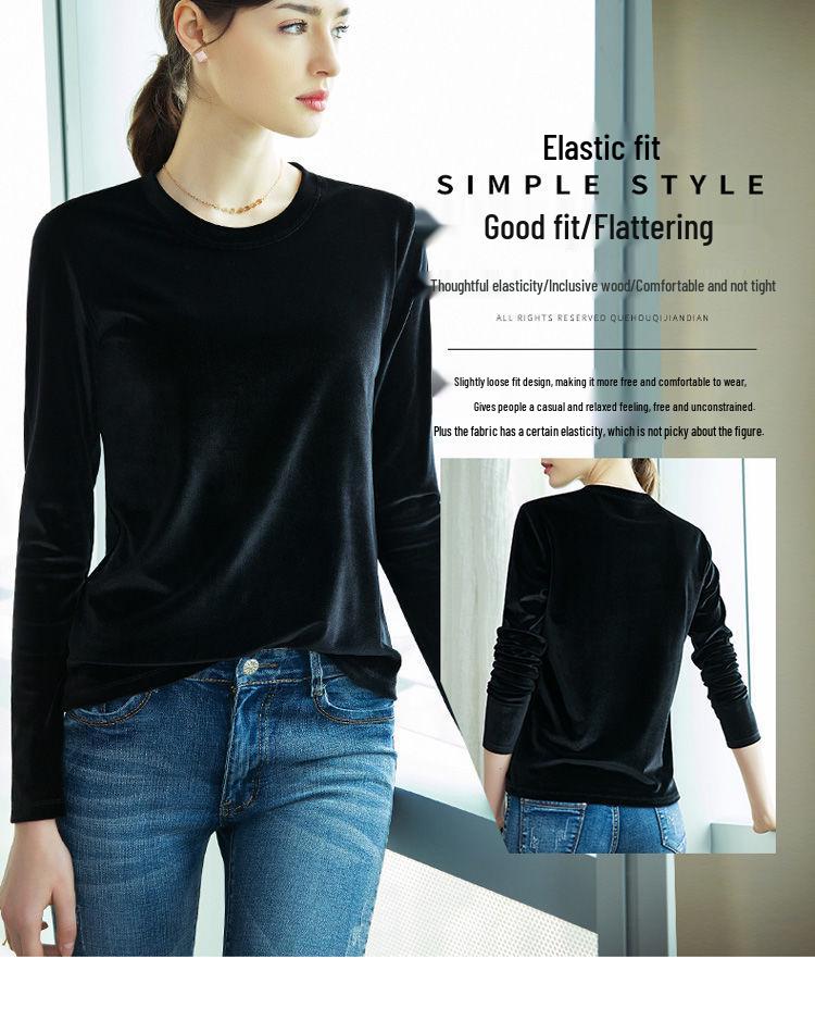 Europees & Amerikaans Goudfluweel Lange Mouw Dames T-shirt, 2025 Lente/Herfst, Koreaanse Stijl, Grote Maten, Losse Warme Top
